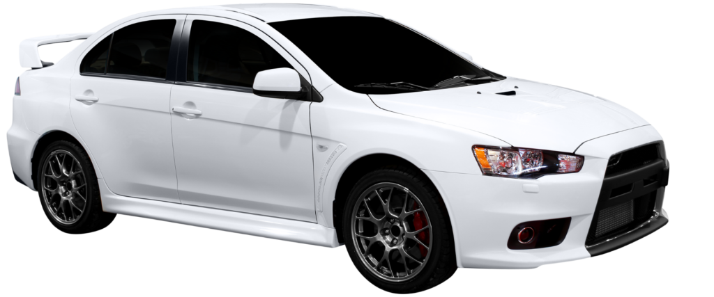 White Mitsubishi Lancer Evolution, side view on white background.